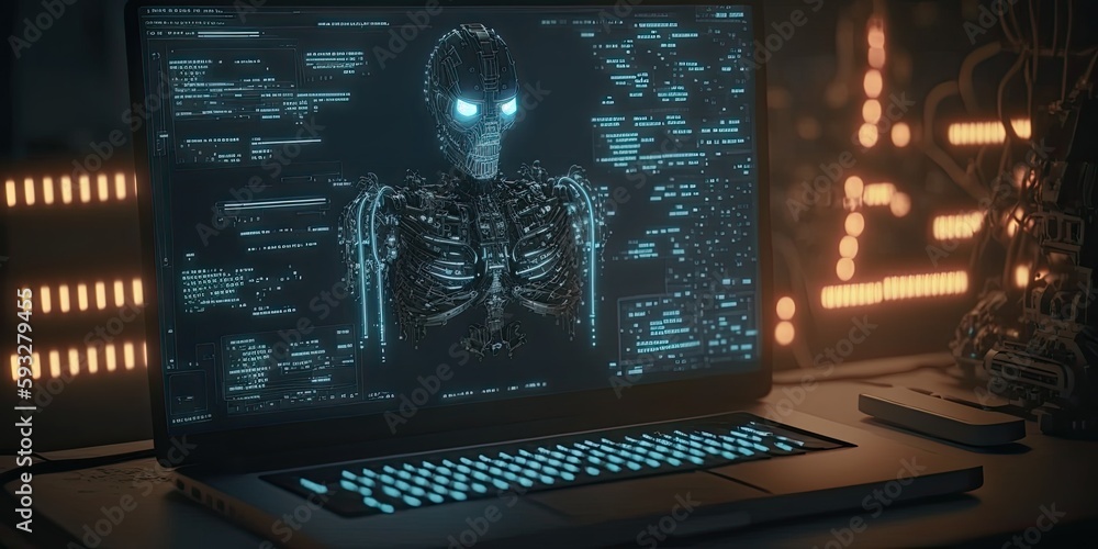 Aufkleber futuristic robot typing and learning with laptop, chat bot. generative ai