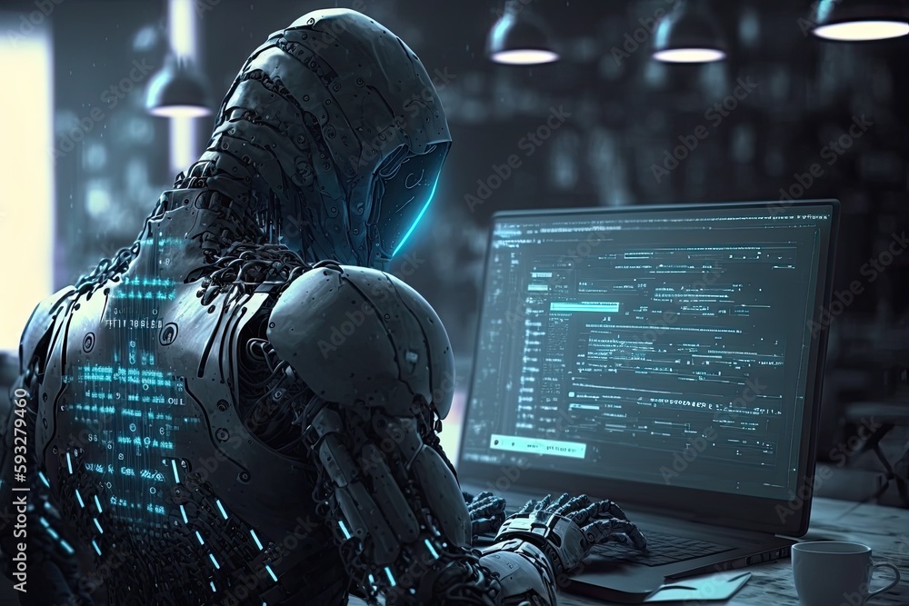 Poster futuristic robot typing and learning with laptop, chat bot. generative ai