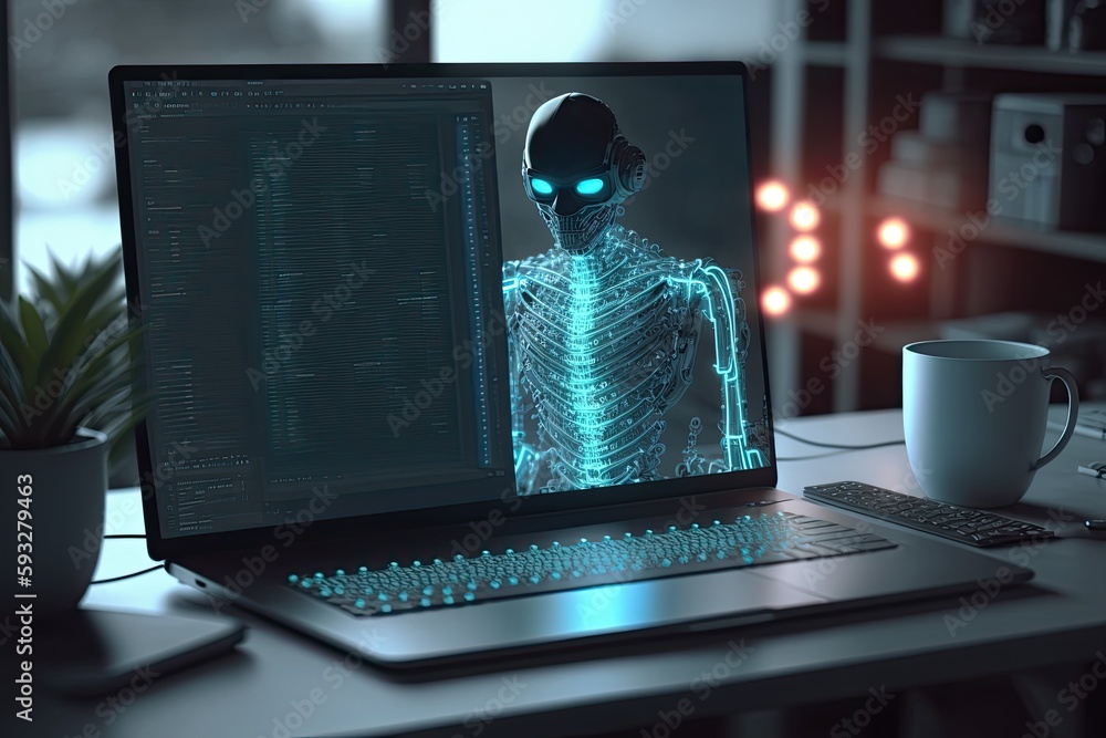 Poster futuristic robot typing and learning with laptop, chat bot. generative ai