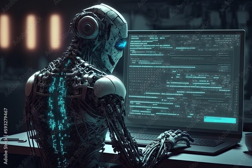 Poster futuristic robot typing and learning with laptop, chat bot. generative ai