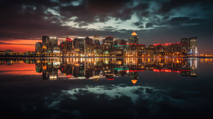 Beautiful skyline of a mega city in the evening with a lake in front. Generative AI.