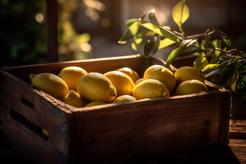 Crate of freshly picked lemons on wooden table in lemon grove with sunbeam.