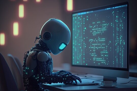Futuristic robot typing and learning with laptop, chat bot. Generative AI