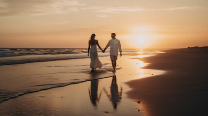 Loce couple with men and wife walking at the beach at the ocean in front of the sundown with orange warm light. Generative AI.