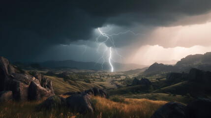 Big thunder in a thunderstorm over a beautiful landscape. Generative AI.