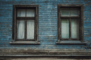 Fototapeta na wymiar Old wooden house with closed glass windows