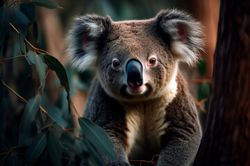 Obraz premium Wild Australian koala bear in eucalyptus tree looking directly at camera.