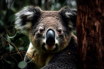Wild Australian koala bear in eucalyptus tree looking directly at camera.