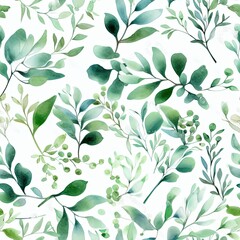 Watercolor illustration of eucaliptus green and golden leaves, seamless pattern