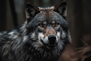 Majestic Predator: A Grey Wolf's Daunting Glare in the Wild. Generative AI