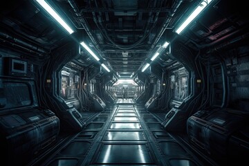 Journey into the Mysterious Depths of a Futuristic Alien Spacecraft: Science Fiction Digital Art Background, Generative AI