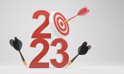 3d 2023 number and dart arrow hitting on the  target ,3d rendering..