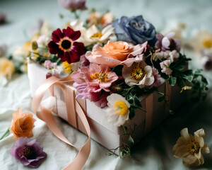 Wrapped gift box, adorned with a satin ribbon and surrounded by fresh spring flowers.