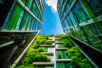 Green buildings concept. Eco-friendly green apartment or office building with vertical garden design for sustainability, Modern architecture, covered with moss and plants. High quality generative AI