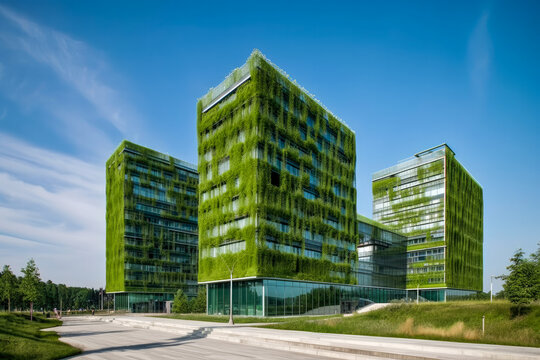 Green buildings concept. Eco-friendly green apartment or office building with vertical garden design for sustainability, Modern architecture, covered with moss and plants. High quality generative AI