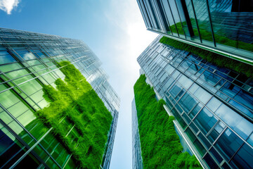 Fototapeta na wymiar Green buildings concept. Eco-friendly green apartment or office building with vertical garden design for sustainability, Modern architecture, covered with moss and plants. High quality generative AI