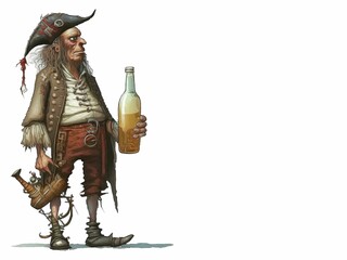 Illustration of a pirate with a bottle of drink in his hand on the white background