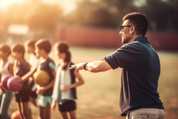 banner, A photo of a teacher leading a physical education or sports activity with students, bokeh, Teacher's day Generative AI