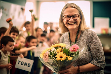 banner, A photo of a teacher with a big smile, surrounded by students holding thank-you cards and flowers, bokeh, Teacher's day Generative AI