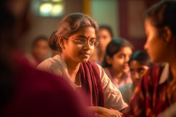 banner, A candid shot of a teacher and students engaged in a lively classroom discussion or debate, bokeh, Teacher's day Generative AI