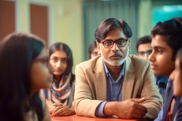 banner, A candid shot of a teacher and students engaged in a lively classroom discussion or debate, bokeh, Teacher's day Generative AI