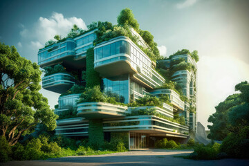 Eco-friendly futuristic apartment or office building with vertical garden design for sustainability, Modern architecture, covered with moss and plants. High quality generative AI