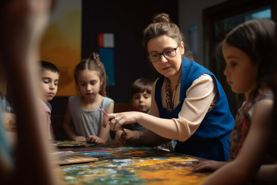 banner, A snapshot of a teacher conducting an art or music lesson, surrounded by students showcasing their creative works, bokeh, Teacher's day Generative AI