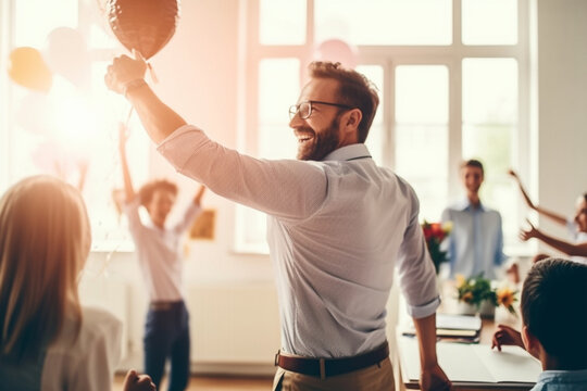 banner, A photo of a teacher celebrating a student's success or achievement with a high-five or a pat on the back, bokeh, Teacher's day Generative AI