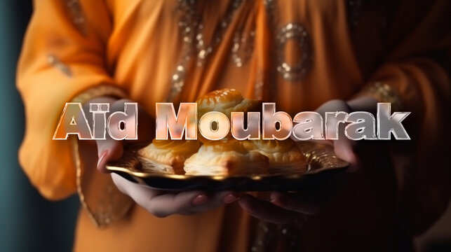 A&iuml;d el-Fitr text on the first plan Middle-East food on the second plan. End of Ramadan, orange background. Phonetic Eid Mubarak Arabic translation : Blessed feast.
