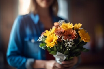 A picture of a teacher receiving a bouquet of flowers or a thoughtful gift from appreciative parents on Teacher's Day, bokeh, Teacher's day Generative AI