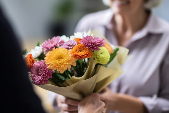 A picture of a teacher receiving a bouquet of flowers or a thoughtful gift from appreciative parents on Teacher's Day, bokeh, Teacher's day Generative AI