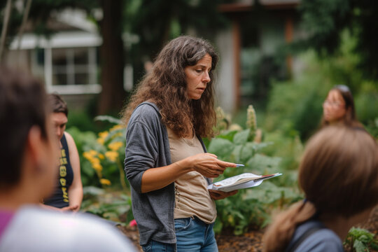 A photo of a teacher conducting a lesson in a non-traditional setting, such as a garden, museum, or library, promoting innovative and experiential learning, bokeh, Teacher's day Generative AI