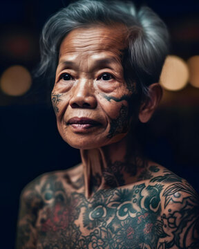 A senior woman with tattoos on her body. Generative AI.