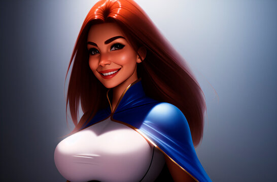 Woman superhero. Portrait of smiling female with big breasts in fantastic costume. Generative AI.