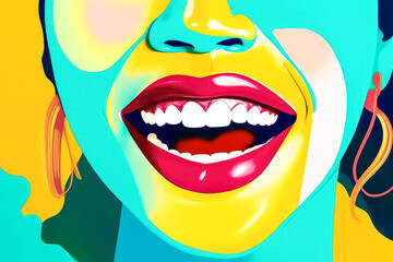 Woman laughing out loud.  Turquoise and amber, African influence, close-up, Teal and Yellow. Generative AI.