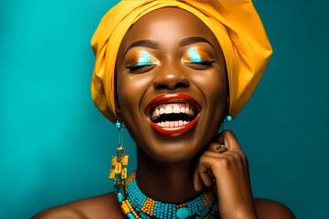 Woman laughing out loud.  Turquoise and amber, African influence, close-up, Teal and Yellow. Generative AI.
