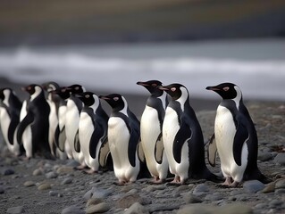 Obraz premium A group of penguins waddling in a line