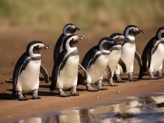 A group of penguins waddling in a line