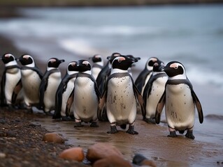 Obraz premium A group of penguins waddling in a line