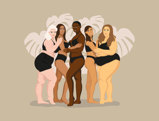 Group of women different nationalities in underwear. Body positive acceptance and beauty diversity ethnicity. Happy plump girls models in photo studio on beige background. Flat Vector illustration