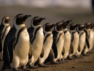 Obraz premium A group of penguins waddling in a line
