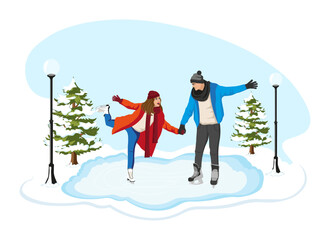 Young couple skating on cityscape ice rink. Happy man and woman in love is having fun on first date. Romantic winter activity in wintertime. Family vacation on cold weekend. Flat vector illustration