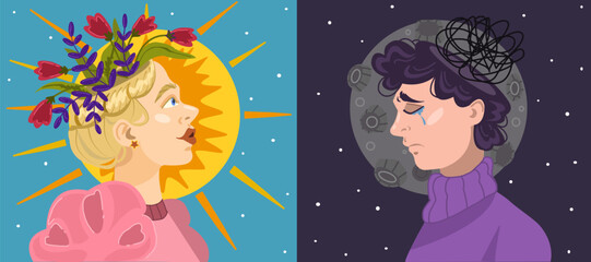 Mental health idea poster. Sunny day is positive thinking concept. Happy woman head with flowers inside brain. Concept of mental disorder, sorrow and depression at full moon night. Vector illustration