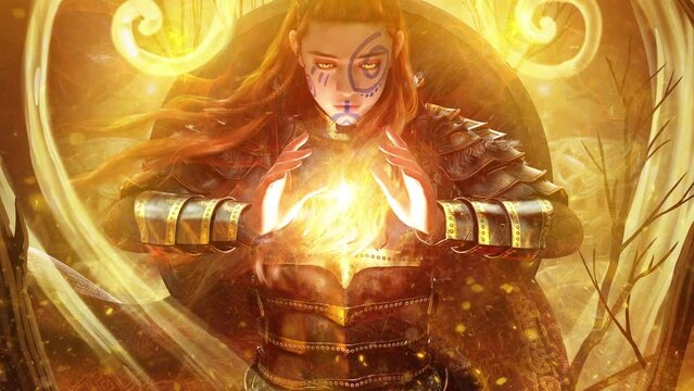 young girl with red hair in a gilded Viking plate armor with a shield on her back, she appeals to the magic of the earth forming the spiritual sacred seed of nature. approaching 2d animated art
