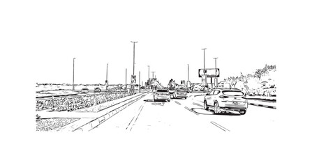 Obraz premium Building view with landmark of Ras Al Khaimah is the city in United Arab Emirates. Hand drawn sketch illustration in vector.