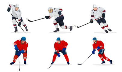 Fototapeta na wymiar Set of hockey players isolated on white background. Red white colors of uniform and helmet. Realistic silhouettes. Winter sports game. Ice rink with sportsmen icon collection. Flat Vector illustration