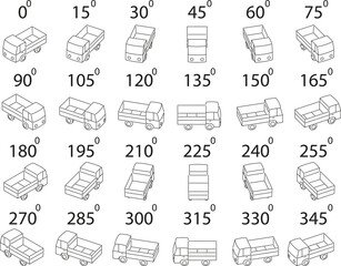 A set of 24 dump  trucks from different angles. Rotation of the empty truck in outline by 15 degrees for animation.  
