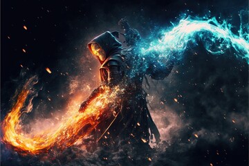 Battlemage in fantasy setting, powerful spell casting by sorcerer wearing mystical medieval outfit for game character design in epic lighting fire ball. Magical warrior concept. Superb Generative AI.