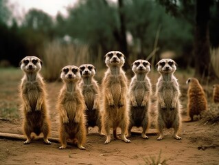 A group of meerkats standing upright, looking alert