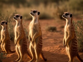 A group of meerkats standing upright, looking alert